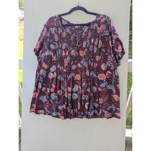 Lucky Brand Floral Print Lace Up Blouse top Shirt Size 3XL Burgundy Floral Boho